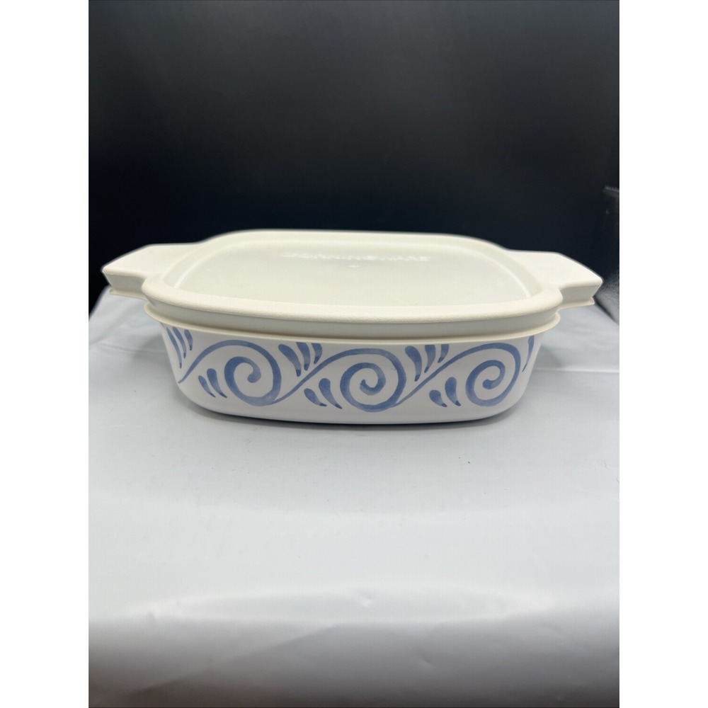 Vintage CorningWare Oceanview 1L Casserole Dish A-1-B White Blue Swirl With Lid